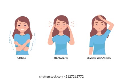 Little Girl Suffering from Headache and Chills Vector Set