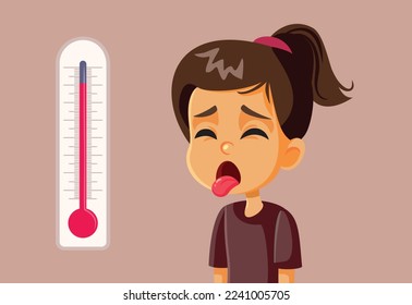 
Little Girl Suffering in Hot Weather Vector Cartoon Illustration. Unhappy child feeling felling dehydrated and exhausted in drought season 
