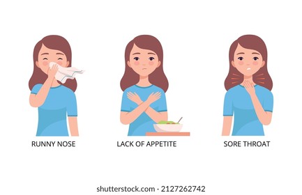 Little Girl Suffering from Runny Nose and Sore Throat Vector Set