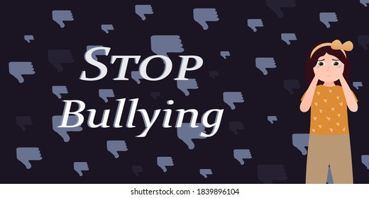 Little girl suffering from social media bullying, violence school problem, victim of aggression, feared kid in cartoon style on dark background with dislikes
