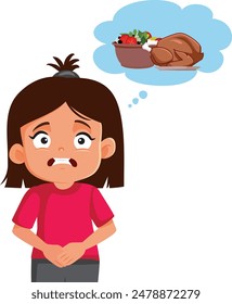 
Little Girl Suffering from Stomachache Indigestion Vector Illustration. Unhappy kid feeling sick after overrating  at lunch
