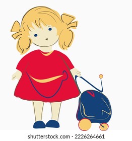 Little girl with a suitcase in a dress, she has ponytails with bows
