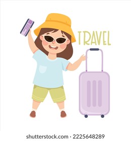 Little Girl with Suitcase Traveling Demonstrating Vocabulary and Verb Studying Vector Illustration