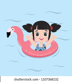 little girl Summer flamingo float swimming pool ring