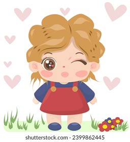 A little girl in a sundress winks with love
