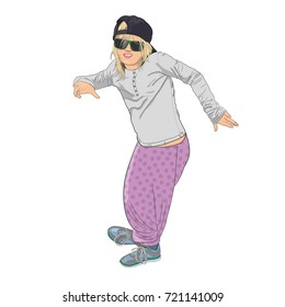 Little girl in the sunglasses dances hip hop. Vector illustration. Illustration is done from a photograph.