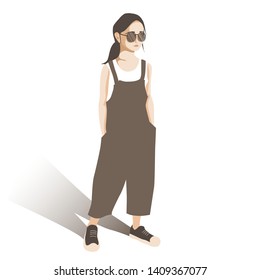 Little girl in sunglasses and fashionable clothes. Cartoon character in a flat style. Vector illustration