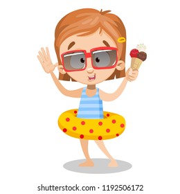 Little girl in sunglasses holding ice cream. Happy girl in swimwear and inflatable ring. Summertime beach vacation. Child having fun in swim pool. Outdoors leisure and activity vector illustration.
