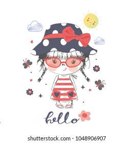 Little girl with sunglasses.cartoon hand drawn vector illustration. Can be used for baby t-shirt print, fashion print design, kids wear, baby shower celebration greeting and invitation card.