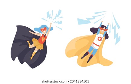 Little Girl in Superhero Cloak and Mask Having Superpower Flying Vector Set