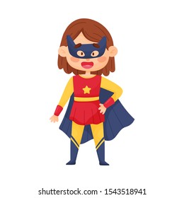 Little Girl In Superhero Costume Cat Woman And Mask Vector Illustration