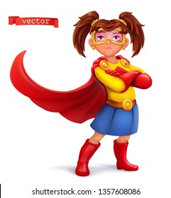 Little girl in superhero costume with red coats. Comic character, vector illustration