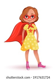 Little girl in superhero costume. Girl in a yellow dress with stars, a red mask and a red cloak. Vector illustration
