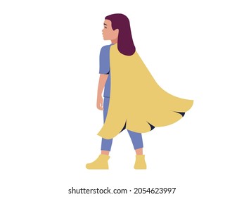 Little girl in a superhero uniform llustration. One full length person on a white background. Childhood and imagination concept vector.