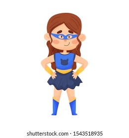 Little Girl In Superwoman Suit And Blue Mask Vector Illustration Cartoon Character