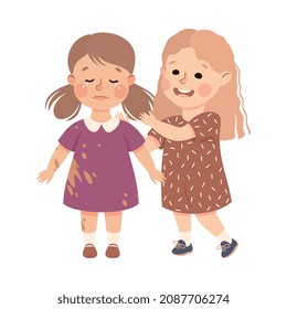 Little Girl Supporting and Comforting Crying Friend with Spoiled Dress Vector Illustration