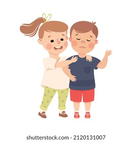 Little Girl Supporting and Comforting Sad Boy Friend Embracing Him Vector Illustration