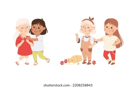 Little Girl Supporting and Comforting Sad Crying Friend Vector Illustration Set