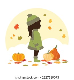 little girl surrounded by autumn leaves and pumpkins 