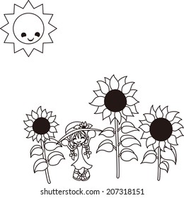 A little girl is surrounded by sunflowers.