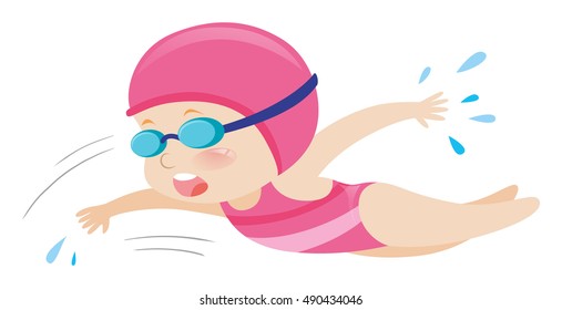 Little girl swimming freestyle illustration
