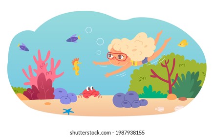 Little girl swimming underwater in sea. Child in water having fun in summer vector illustration. Happy kid in goggles diving and looking at fish and sea life, corals, animals.