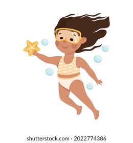 Little Girl in Swimsuit and Goggles Swimming Underwater with Starfish and Bubbles Vector Illustration