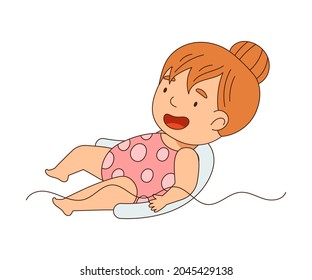 Little Girl In Swimsuit With Pool Noodle Swimming In Water Vector Illustration