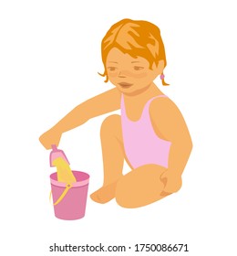 A little girl in a swimsuit sits and pours sand in a bucket with a scoop. Vector illustration. Isolated on a white background.