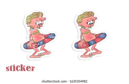 Little girl in a swimsuit and with a swimming circle. Vector illustration in the form of a sticker in modern and retro styles.
