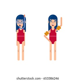 Little girl  in swimsuit and with swimming mask and tube  isolated on white flat vector illustration. Dark haired girl in pink or red swimsuit and with sleeve protectors.