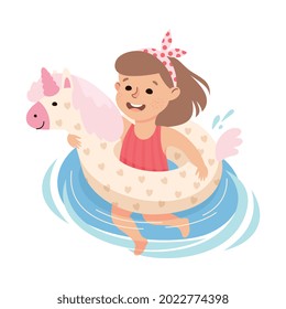 Little Girl in Swimsuit Swimming with Unicorn Rubber Ring Vector Illustration