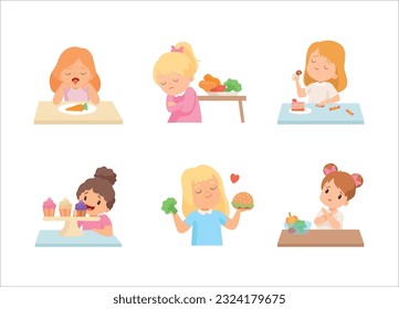 Little Girl at Table Showing Dislike and Disgust Towards Vegetables Vector Set