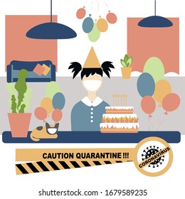 Little girl at the table wearing a protective mask with cake and balloons, Birthday alone.  Coronavirus protection, Canceling a birthday party for quarantining the coronavirus concept. 