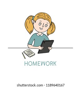 Little girl with a tablet does the homework or plays games. Vector cute contour drawing. Books displayed on her desk.