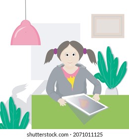 Little girl with a tablet in her hands sitting at the table. Vector graphics