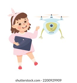 Niña pequeña con robot de drones de programación de Tablet con tecnología inteligente e iluminación vectorial de inteligencia artificial