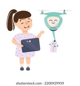 Little Girl with Tablet Programming Drone Robot Using Smart Technology and Artificial Intelligence Vector Illustration