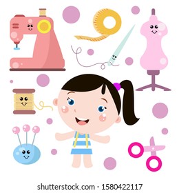 Little Girl Tailors Activity Cute Cartoon. Kids. Children with Tailors tool Vector Template Design Illustration