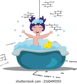 Little girl take a bath in the bathroom with foam soap bubbles and yellow duck