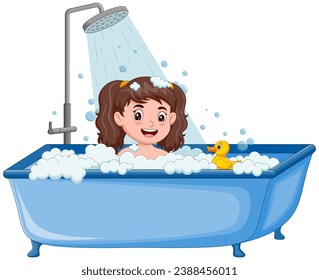 Little girl take a bath in the bathtub. Vector illustration