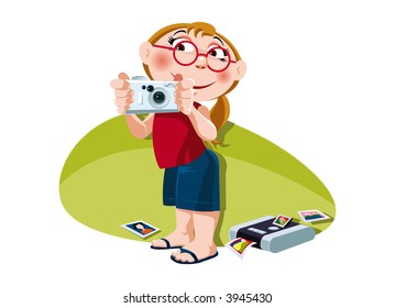  A little girl takes a picture with digital camera. Vector.
