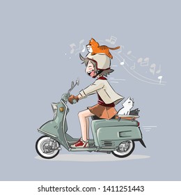 The little girl is taking a cat to travel with a favorite scooter.