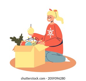 Little girl taking christmas decoration toys for Xmas tree from cardboard box preparing for winter holiday celebration and x-mas eve. Cartoon flat vector illustration