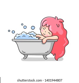 Little girl taking a foam bath. Cute cartoon character for emoji, sticker, pin, patch, badge. Vector illustration.