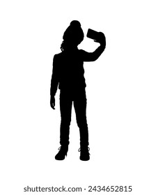 Little girl taking photo selfie vector silhouette.	