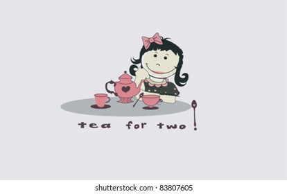 Little girl with tea pot and cup. '' Tea for two''