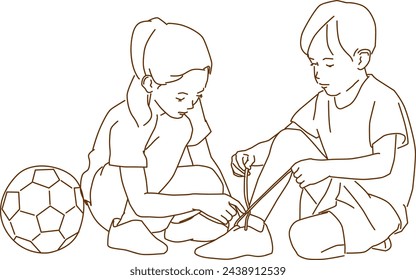 little girl teaching her brother to tie shoelace on soccer field svg