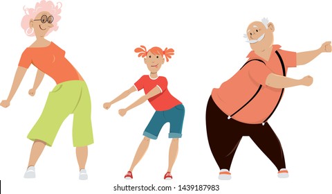 Little girl teaching her grandparents to floss dance, EPS 8 vector illustration