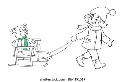 Little girl with teddy bear on a sled.  Black and white outline picture with green accent. In cartoon style. For coloring book. Vector illustration.